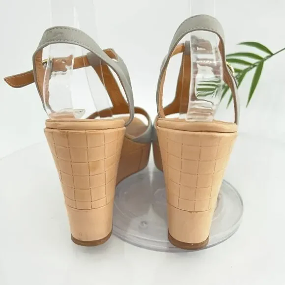 Pomme D'or Sandals Women's Size 39 8 Blue Gray Leather T-Strap Platform Wedge - Picture 9 of 16